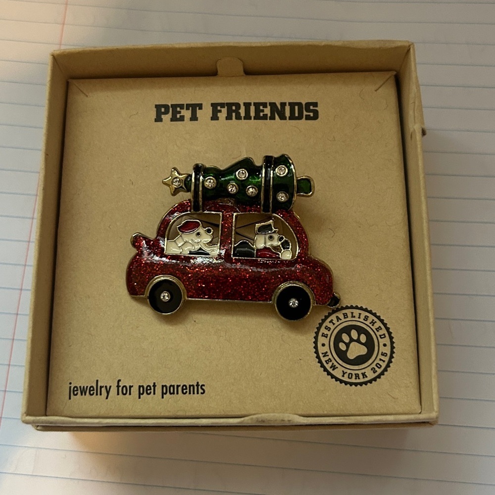 NWT Vintage Pet Friends Red Car Christmas Dogs  Tree Brooch Gift